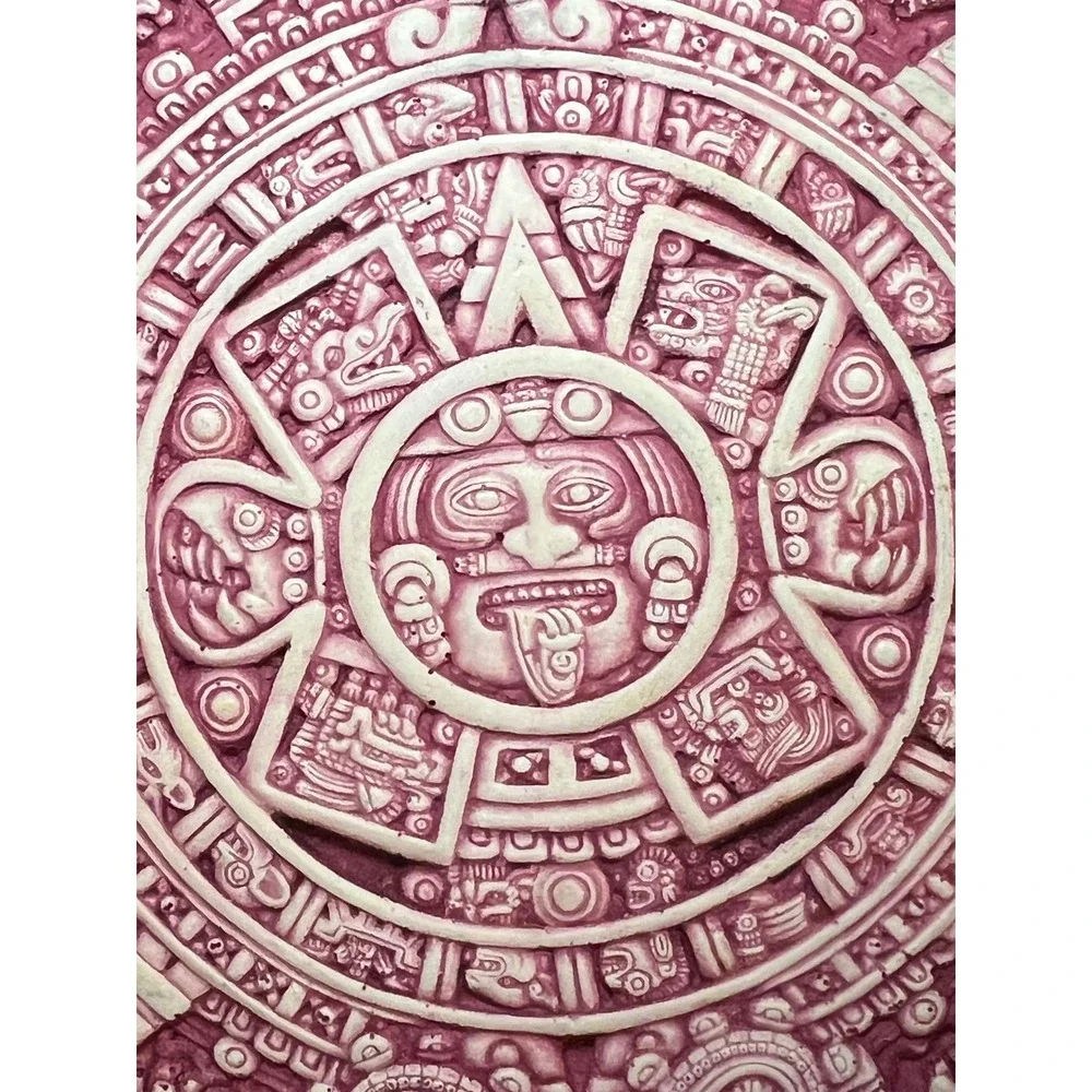 Vintage Aztec Mayan Calendar Wall Plaque Pink Resin Mesoamerican Sun Stone Decor